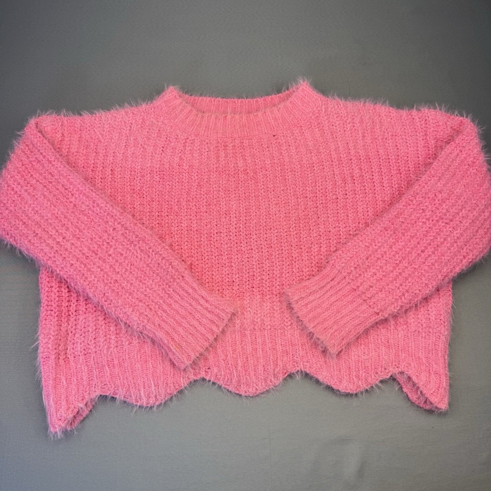 &merci Sweater Women's L Hot Pink Ribbed Loose Knit Cropped Scalloped Soft